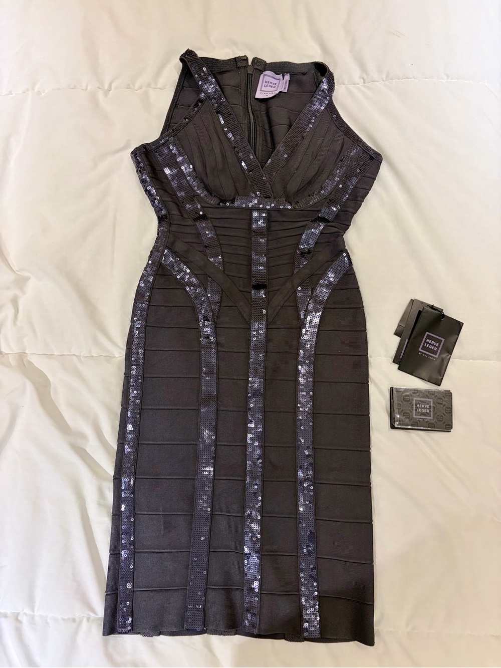 Hervé Léger “Lora” Gunmetal Sequin Bandage Dress – Size S – Worn Once